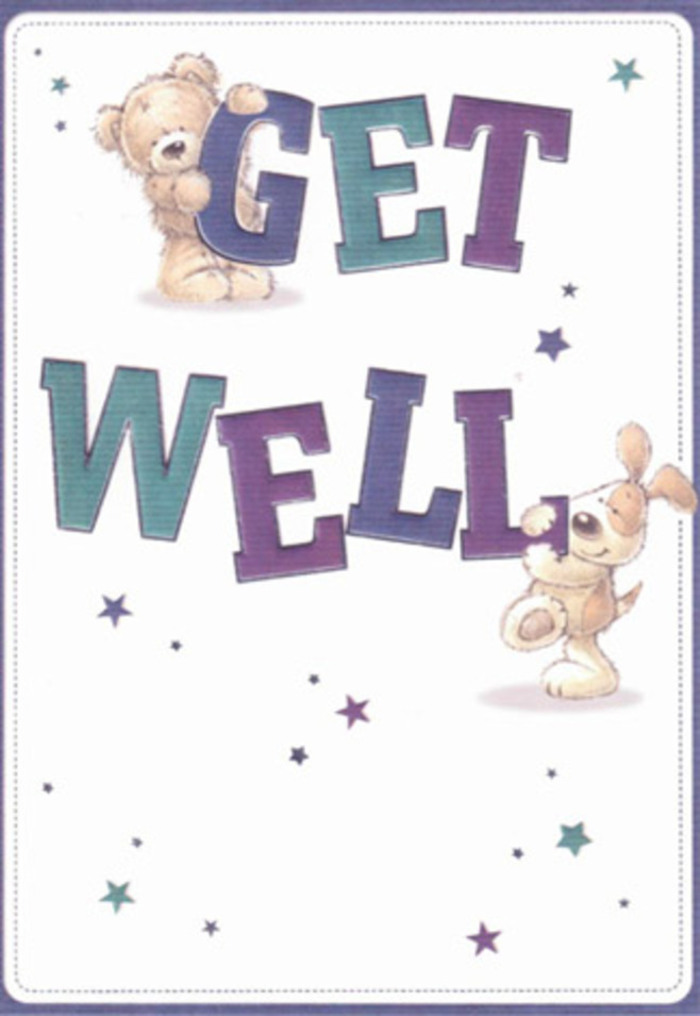 A cheerful teddy bear and his floppy-eared puppy companion share the spotlight in this spirited get well card illustration, surrounded by swirling bursts of starlight in indigo, teal, and violet. The bold, friendly letters seem to dance above a fresh, clean background, as if echoing the promise of hope that permeates Dollis Hill's tree-lined streets. The artistry calls to mind the thoughtful way Flowers Dollis Hill arranges bouquets: every texture, from the bear's plush fur to the puppy's velvety coat, radiates comfort and gentle care. Scattered stars add a magical, optimistic touch, reminiscent of the early evening glow over Gladstone Park. The design's open, uncluttered feel allows the vibrant text and winsome characters to shine, making the get well message feel as tangible and meaningful as fresh peonies cradled in tissue wrap. This image is a true celebration of encouragement and resilience, bringing the warmth of a caring local gesture to anyone needing a little lift in the heart of Dollis Hill.