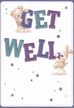 This heartening get well card, awash with soothing hues, features a cuddly teddy bear and a playful puppy joyfully supporting the bold, colourful letters spelling 'Get Well' on a creamy background. The text, painted in confident strokes of deep teal and purple, pops vibrantly, while a scattering of whimsical stars adds a note of magic and possibility, much like the surprising beauty of a blossom discovered in Dollis Hill's gardens. The illustration's warmth flows from the soft detail of the animals' fur, inviting the sensation of a gentle, comforting hug akin to receiving a thoughtful bouquet from a friend. The overall mood is one of hope and renewal-perfect for brightening a recovery day near Willesden Lane or Gladstone Park. This card does far more than send a message; it carries with it the loving intention and optimism that define Dollis Hill's spirit, reminiscent of the care poured into every arrangement by local florists in the area.